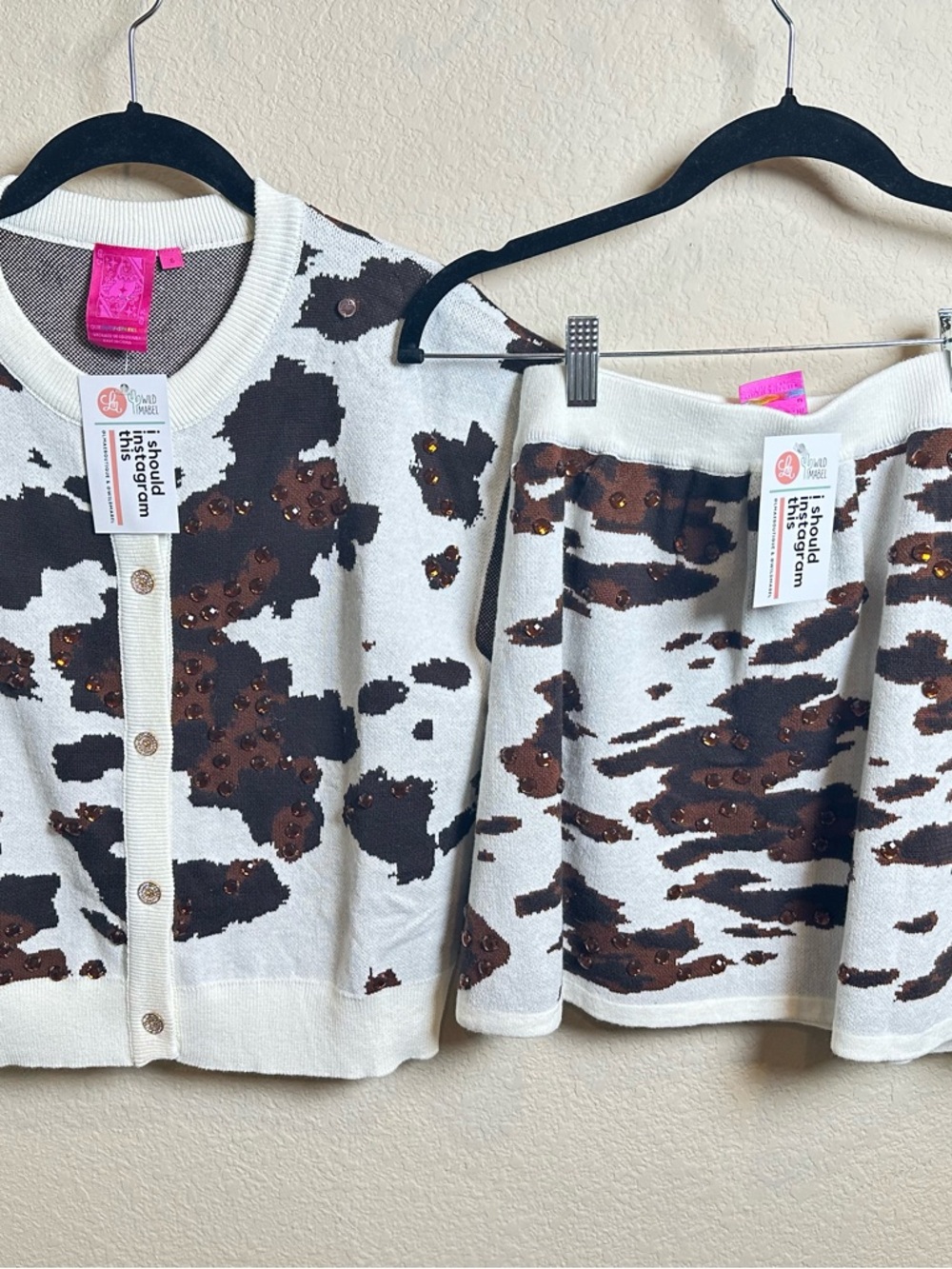 White Brown Sequin Cow Print Cardigan & Skirt Set